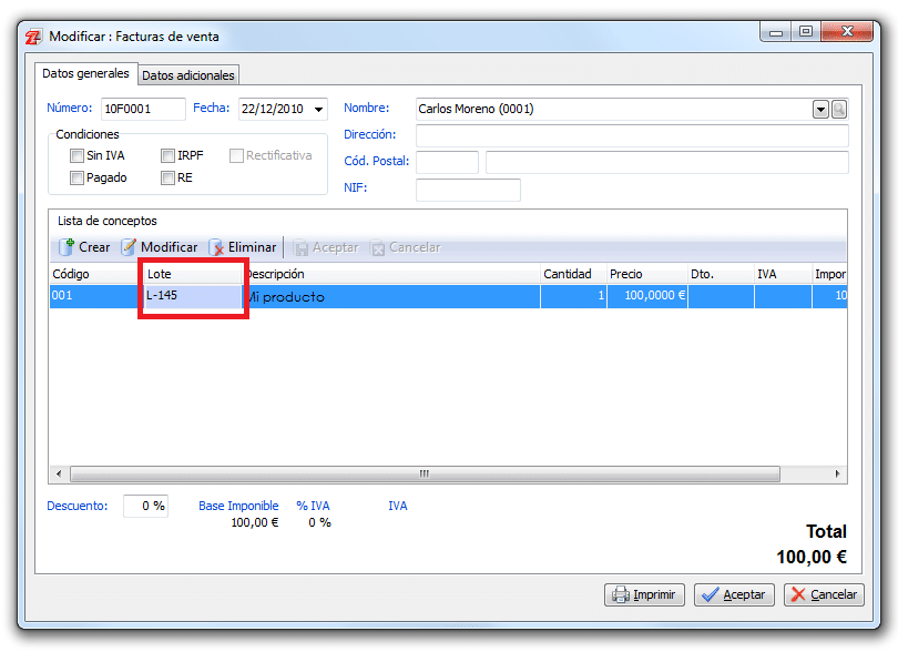 Factura con Lotes activos