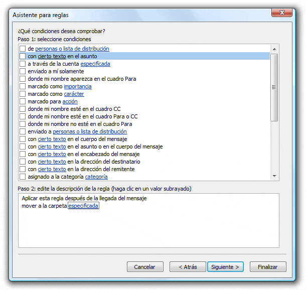 Reglas y alertas en Microsoft Outlook