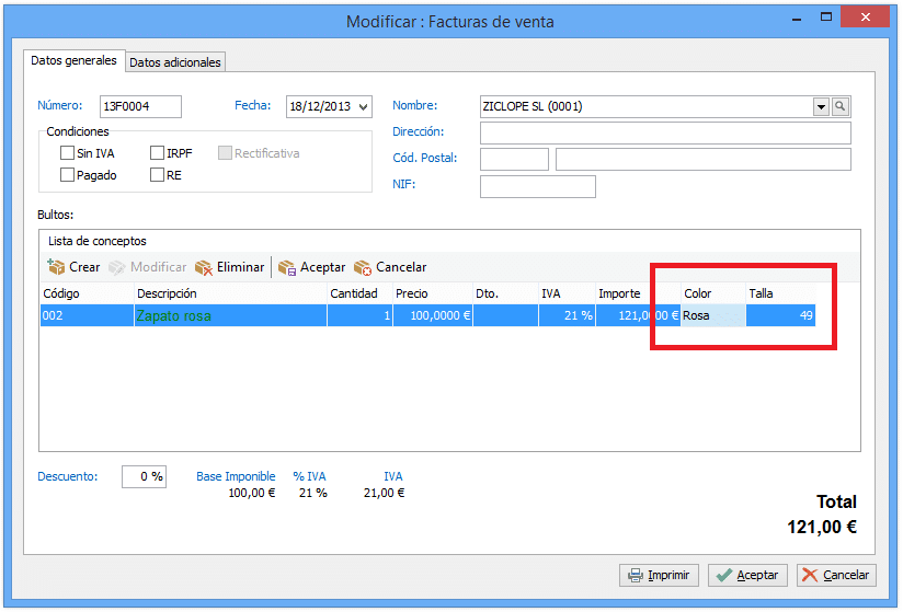 Campos de datos talla y color en formulario de factura