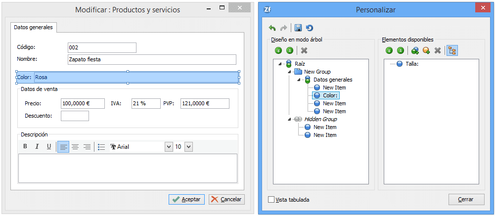 Editor del formulario de productos 3