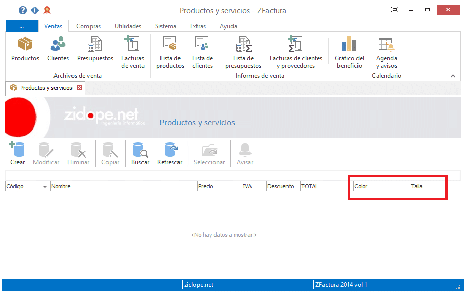 Campos de datos talla y color en lista de productos