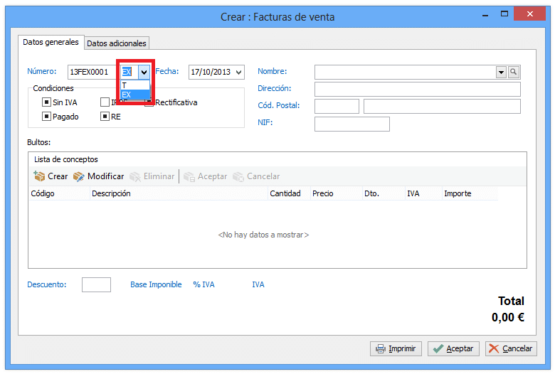 Creando una factura con la serie EX