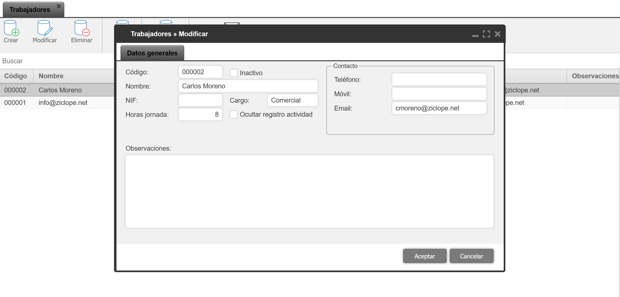 ziclope control horario - crear trabajadores