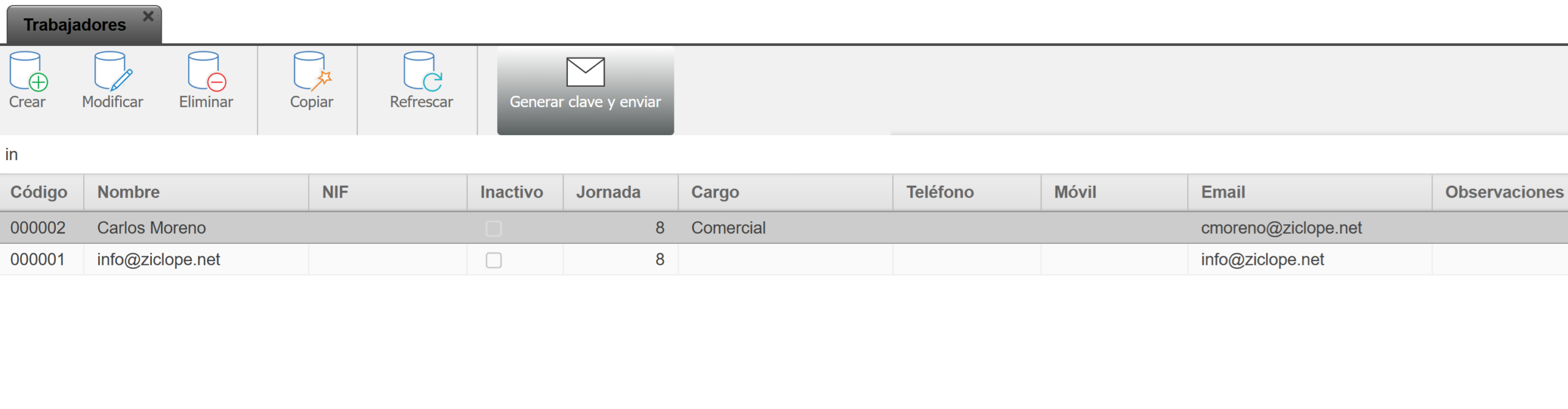 ziclope control horario - enviar clave al empleado