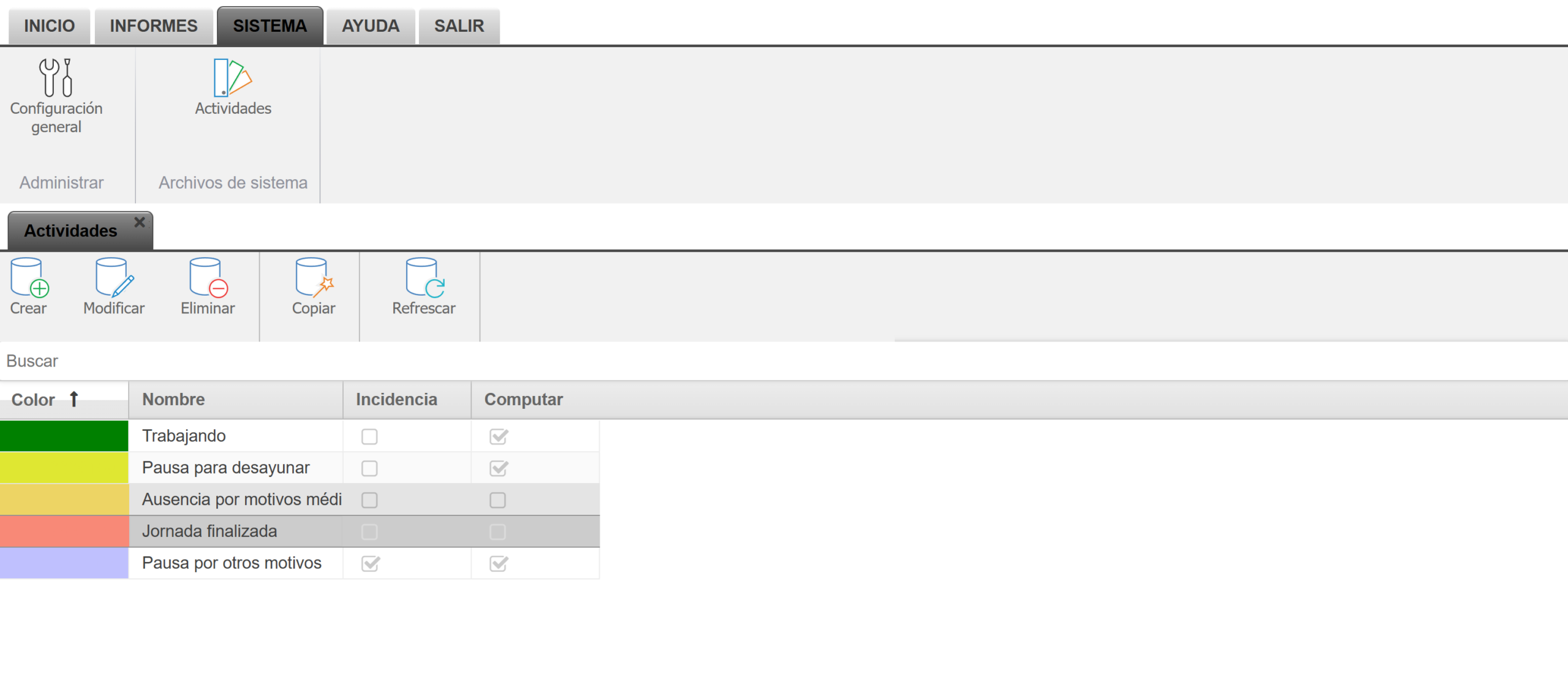 ziclope control horario - estados y actividades